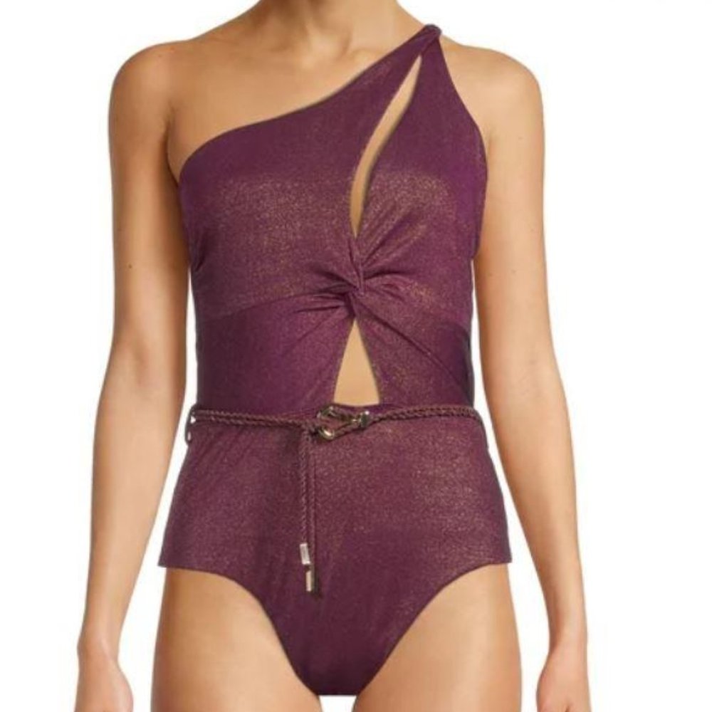 NWT Sparkly Purple Choose Small or Medium One Shoulder 1 Pc Belted Swim Suit